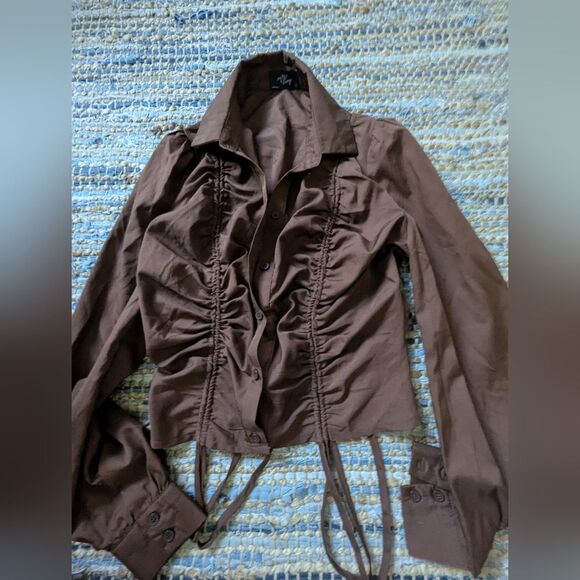 Brown Ruched Button Up L/S Top S Cropped Tie Detail Y2K Baddie Clubbing Sexy Dat - Picture 2 of 6